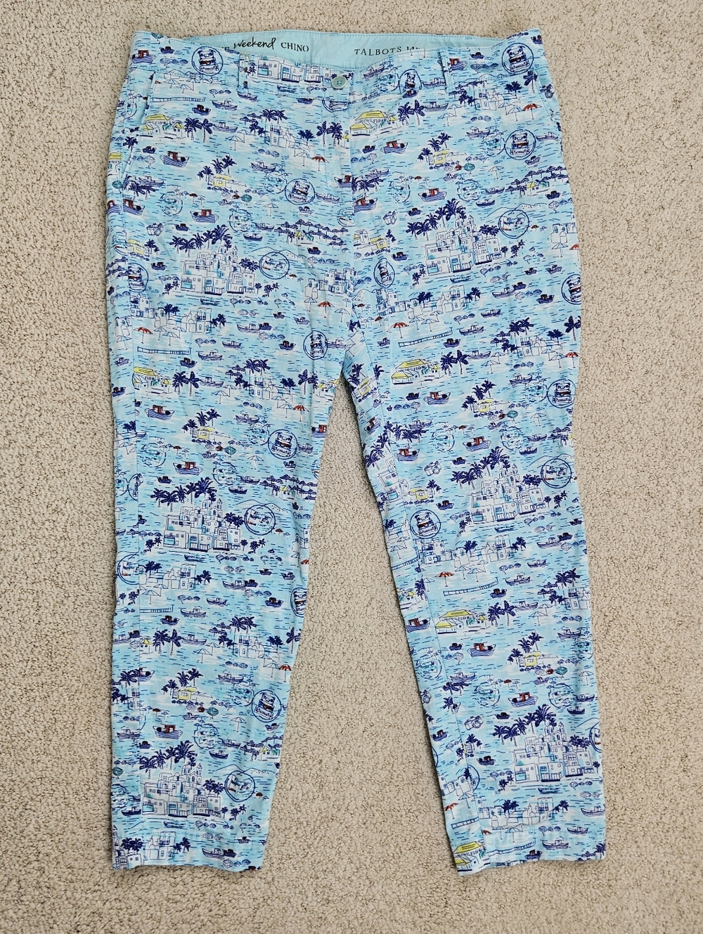 Talbots Weekend Chino Light Blue Coastal Mediterranean Print Crop Pants 14wp